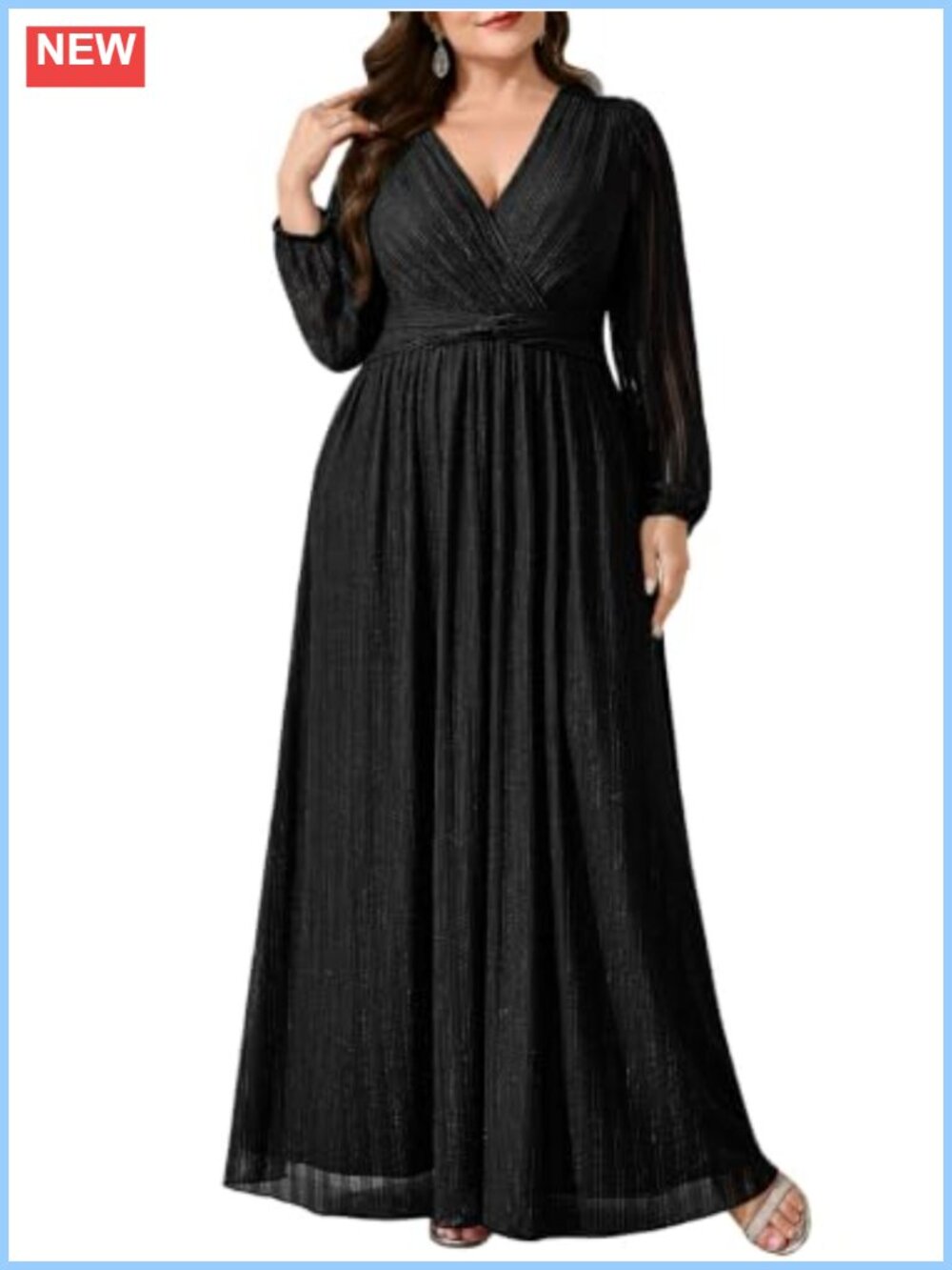 Plus Size Glitter Formal Gown V Neck A Line Evening Dress Lantern Sleeve Maxi